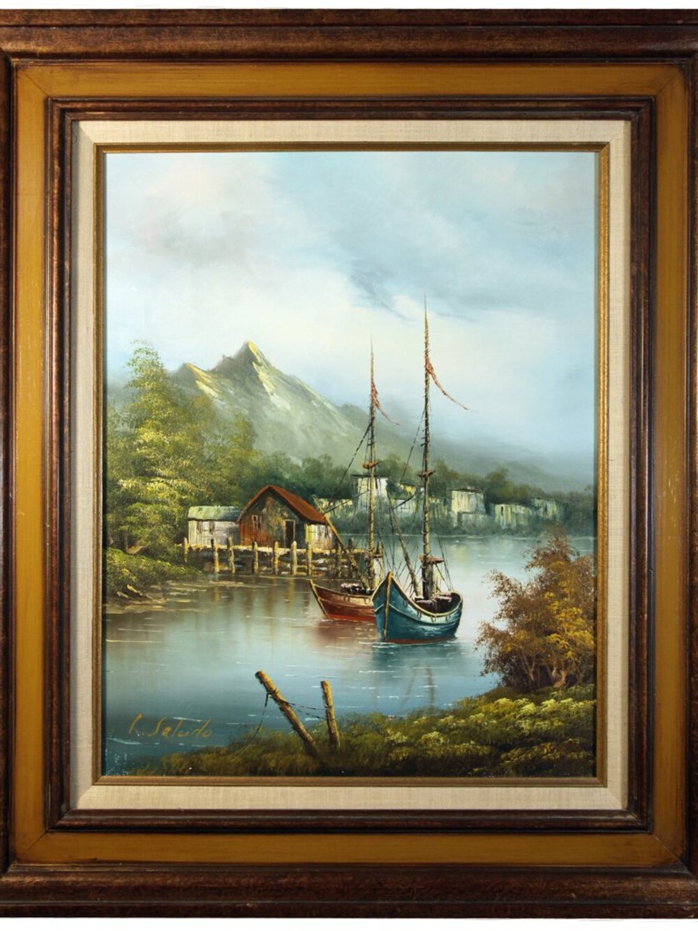 Vintage Signed L. Salcido Oil Painting Harbor Sailboats Framed Seascape